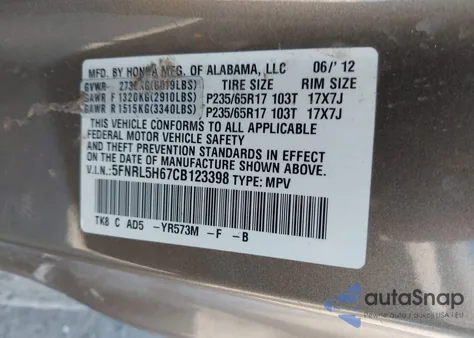 2012 Honda Odyssey Ex-L из США, поврежденный, VIN 5FNRL5H67CB123398